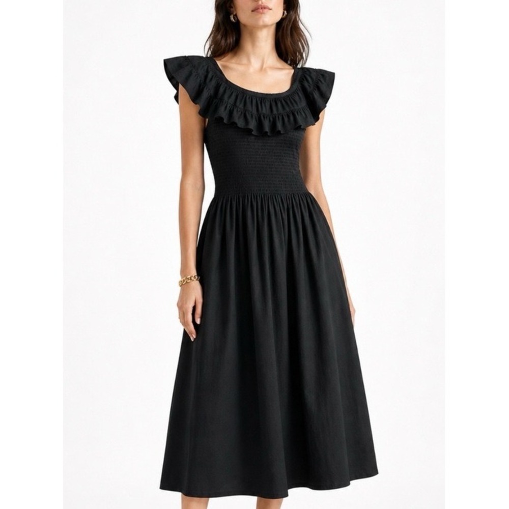 Hill House Home‎ Akilah Nap Dress Black Smocked Ruffle Midi XL NEW